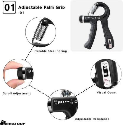METEOR Essential Hand Grip Strengthener Kit (5-In-1) - Adjustable Gripster Trainer Set for Enhanced Grip Strength, Forearm Training, and Finger Flexibility - Includes Carry Bag