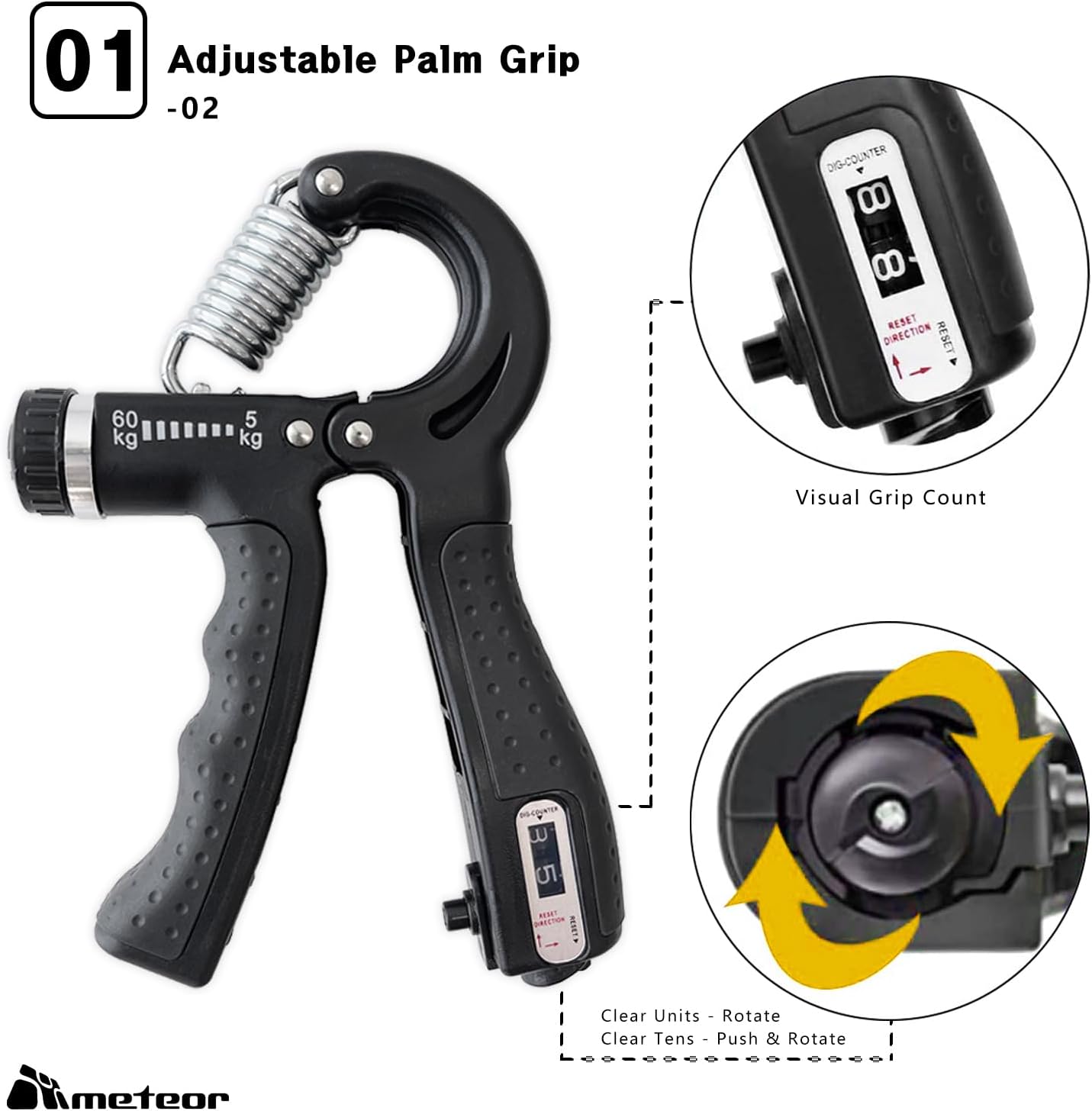METEOR Essential Hand Grip Strengthener Kit (5-In-1) - Adjustable Gripster Trainer Set for Enhanced Grip Strength, Forearm Training, and Finger Flexibility - Includes Carry Bag