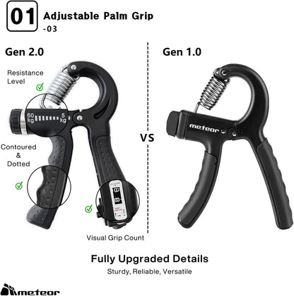 METEOR Essential Hand Grip Strengthener Kit (5-In-1) - Adjustable Gripster Trainer Set for Enhanced Grip Strength, Forearm Training, and Finger Flexibility - Includes Carry Bag