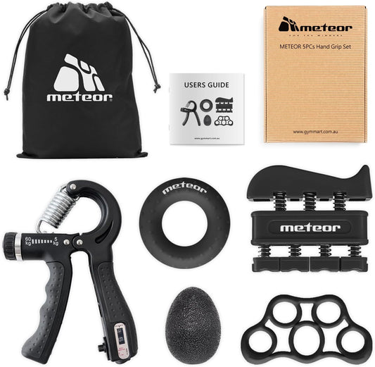 METEOR Essential Hand Grip Strengthener Kit (5-In-1) - Adjustable Gripster Trainer Set for Enhanced Grip Strength, Forearm Training, and Finger Flexibility - Includes Carry Bag